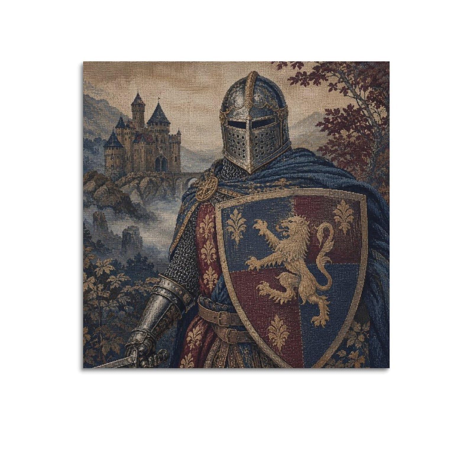 XKUGA Woven Tapestry Medieval Knight Lion Shield Heraldry Poster Modern Decorative Canvas Prints - Ideal Wall Art for Family, Man Cave, Game Room, Boys & Girls Bedroom 12x12inch(30x30cm)