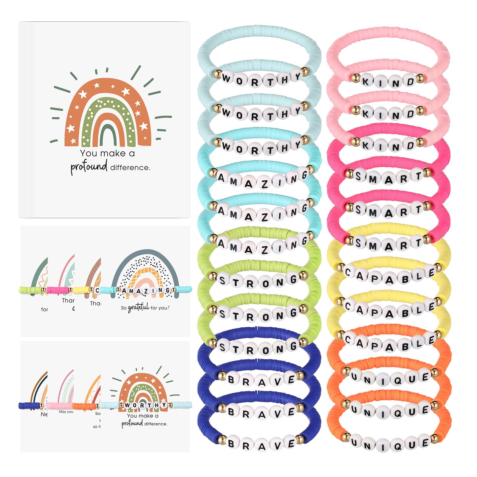 Landical 24 Sets End of Year Bracelets Gift Summer Encouragement 24 Motivational Clay Bead Bracelets 24 Inspirational Thank You Cards for End of Year Summer Birthday Party Favors Gifts from Teacher