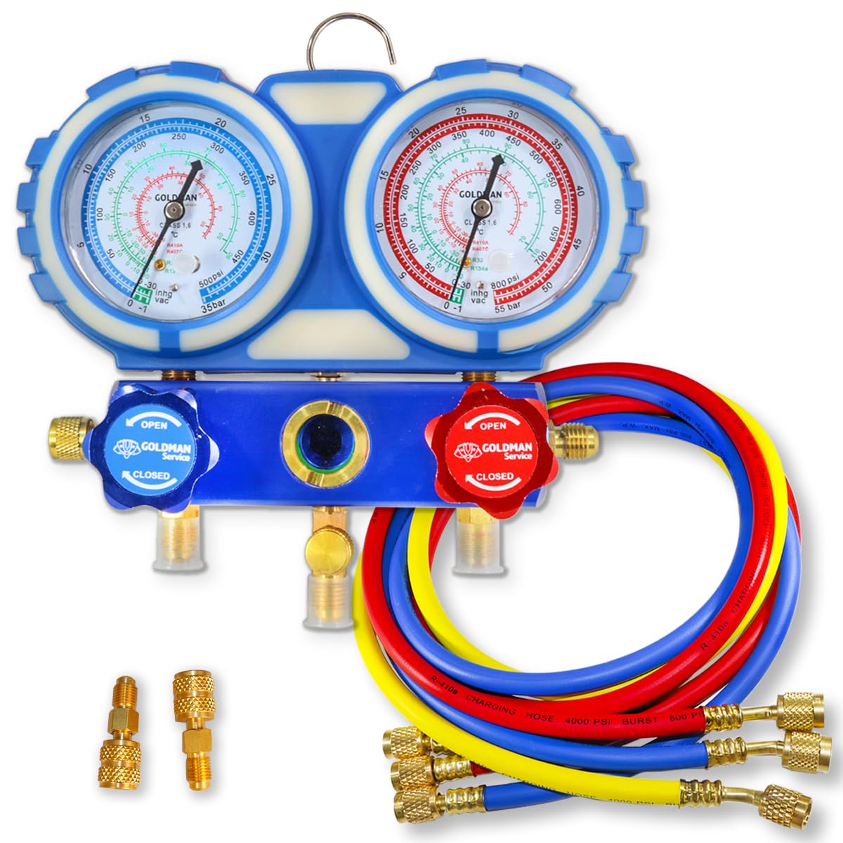 GOLDMAN SERVICE | Kit Manometro Climatizzazione con 3 Tubi di Ricarica e Misura di Gas Refrigerante per Auto AC | R410A R407C R32 R134a