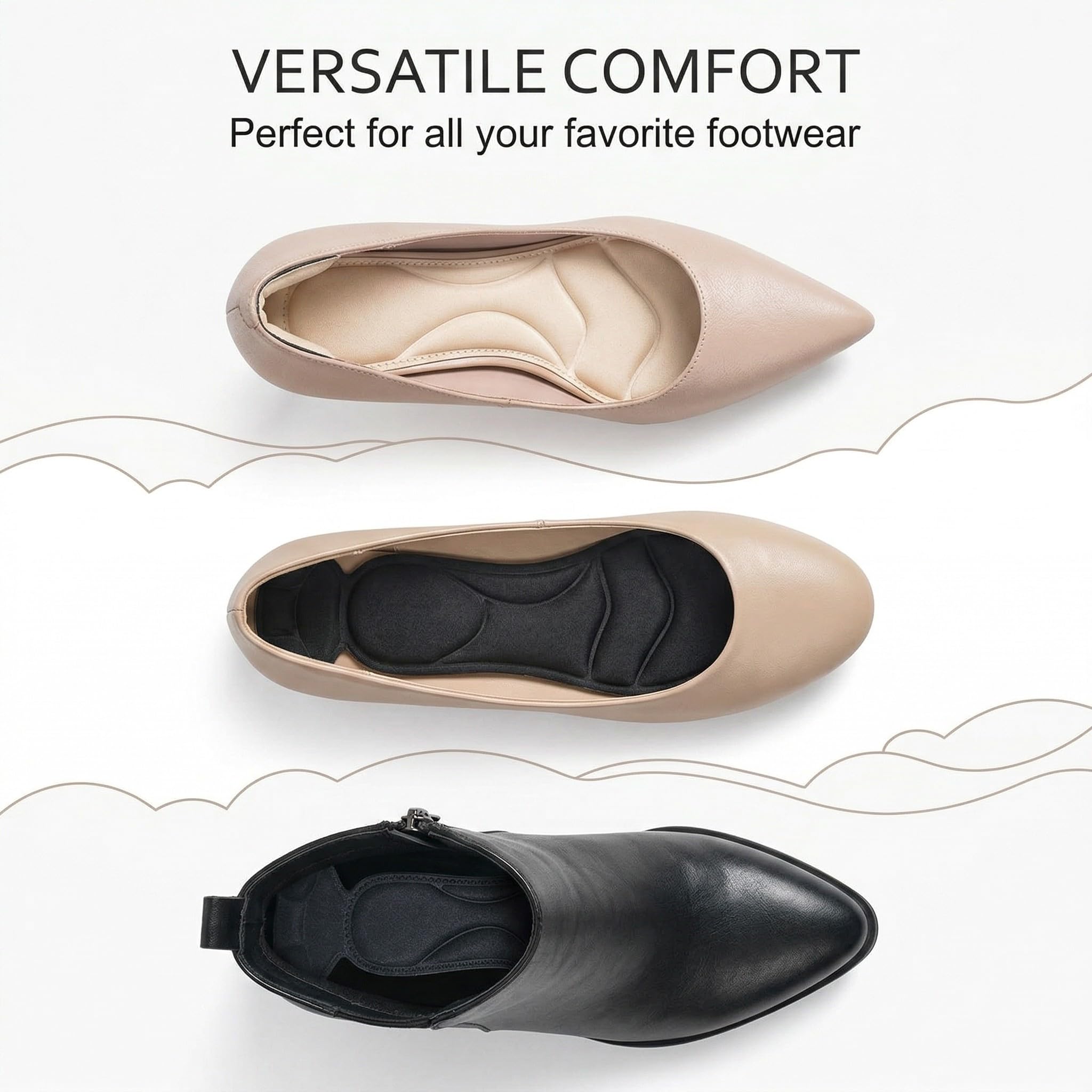 4 Paia Solette per Scarpe Grandi, Riduttore Numero Scarpe in Memory Foam per Tacchi Alti e Décolleté, Design 2-in-1 con Salva Tallone, 2 Modelli (Punta Tonda e Appuntita), Nero e Carne