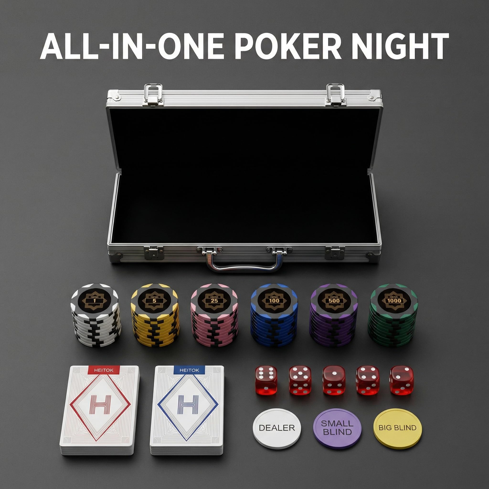 HEITOK Premium Pokerkoffer 500 Chips Set 14g | Clay Composite Chips mit Werten im Aluminiumkoffer | Inkl. 2 Kartendecks, Würfel & Dealer Button | Für Texas Hold'em & Casino Nächte - 2