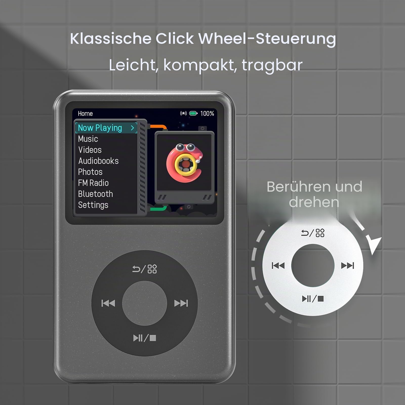 Innioasis Y1 64GB MP3 Player - Zeitlose Klasse: Touch Wheel-Steuerung, Bluetooth, Video-Player, Hörbücher, FM-Radio, Kinder Musikplayer（schwarz）
