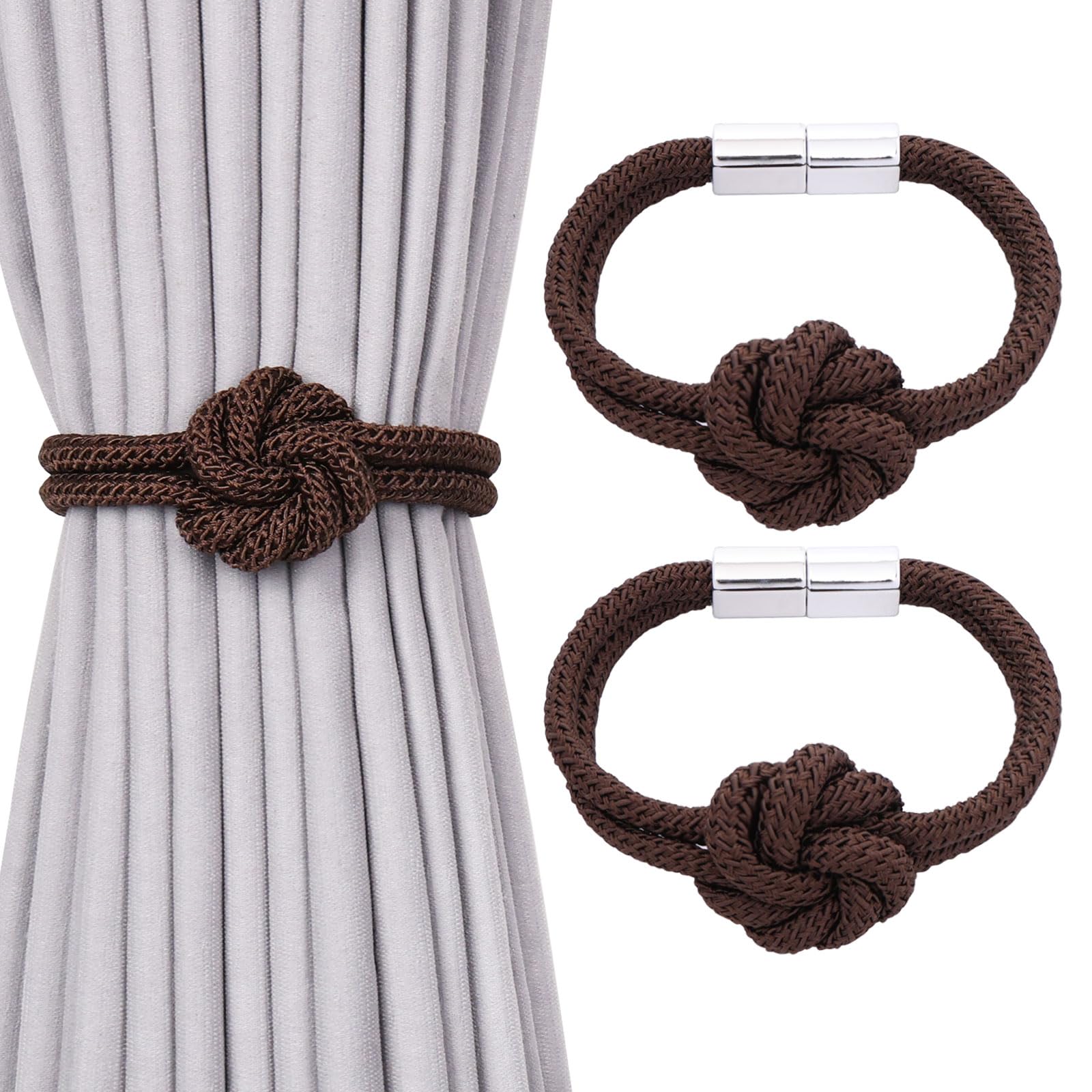 Pretty Jolly 2 Pack Cute Flower Knot Magnetic Curtain Tiebacks Nordic Style Drape Tie Backs Elegant Hand Weave Rope Decorative Curtain Holdbacks for Home & Office Window Drapery (Coffee)