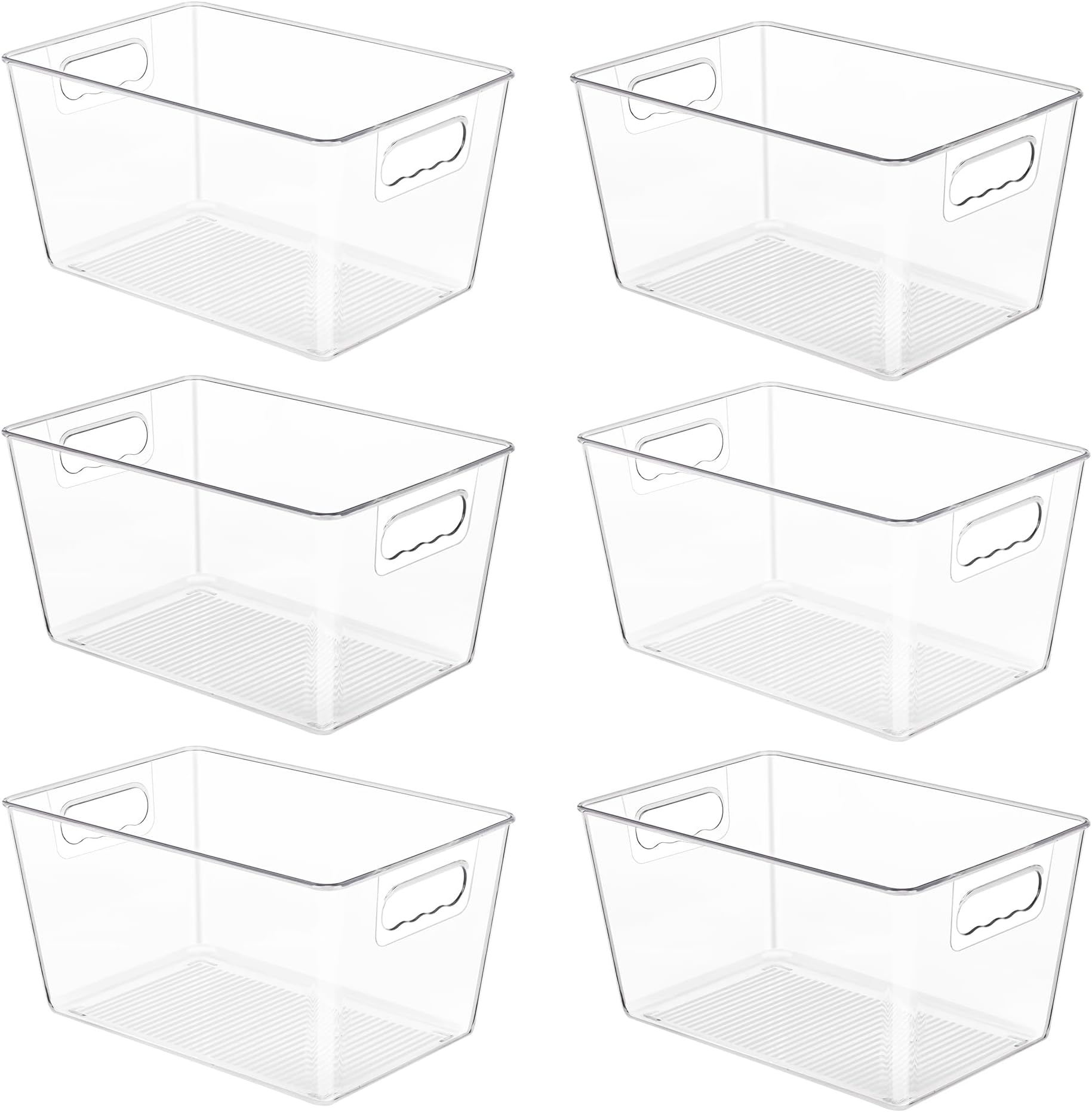 6 Pack Clear Pantry Organizer Bins, Plastic Containers with Handle for Kitchen,Freezer,Cabinet,Closet,Bathroom Under Sink Storage