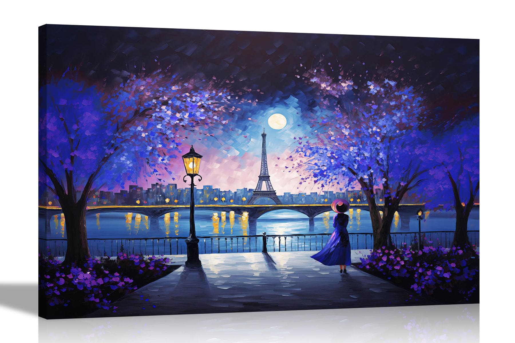Artley Prints Blue - Alone At Night In Paris Wall Art Pictures Canvas For Living Room, Bedroom, Hallway | Framed Oil Painting Re-Print 76 X 50Cm (30 X 20 Inches)