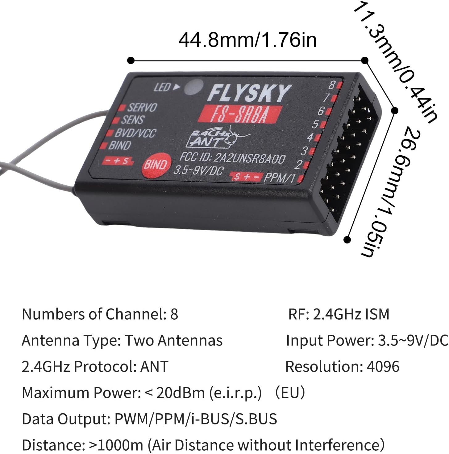 Flysky FS-SR8 2.4GHz Mini 8 Channel Receiver - Dual Antenna, Compatible with FS-ST8 Transmitter for RC Cars, Drones, Boats, Airplanes & Robots