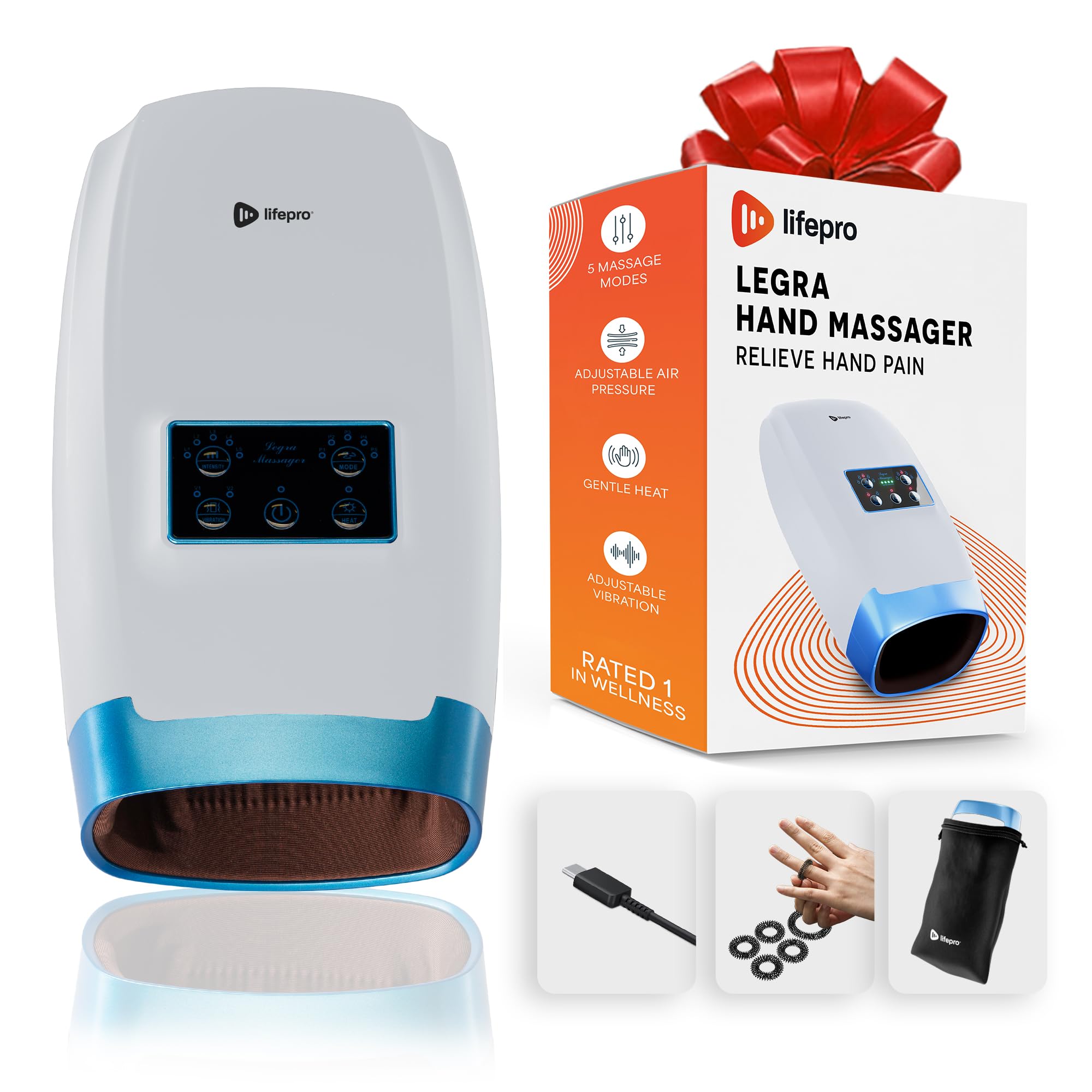 Lifepro Legra Hand Massager for Arthritis with Heat, Vibration, 5 Massage Modes, USB-C Rechargeable, Portable Wellness Recovery Device for Carpal Tunnel, Finger, Palm, and Wrist Pain Relief
