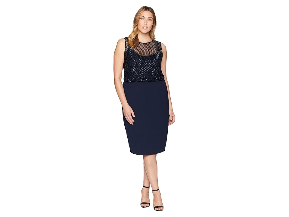 

Adrianna Papell Plus Size Sleeveless Grid Bead Blouson Bodice with Stretch Crepe Skirt (Midnight) Women's Dress