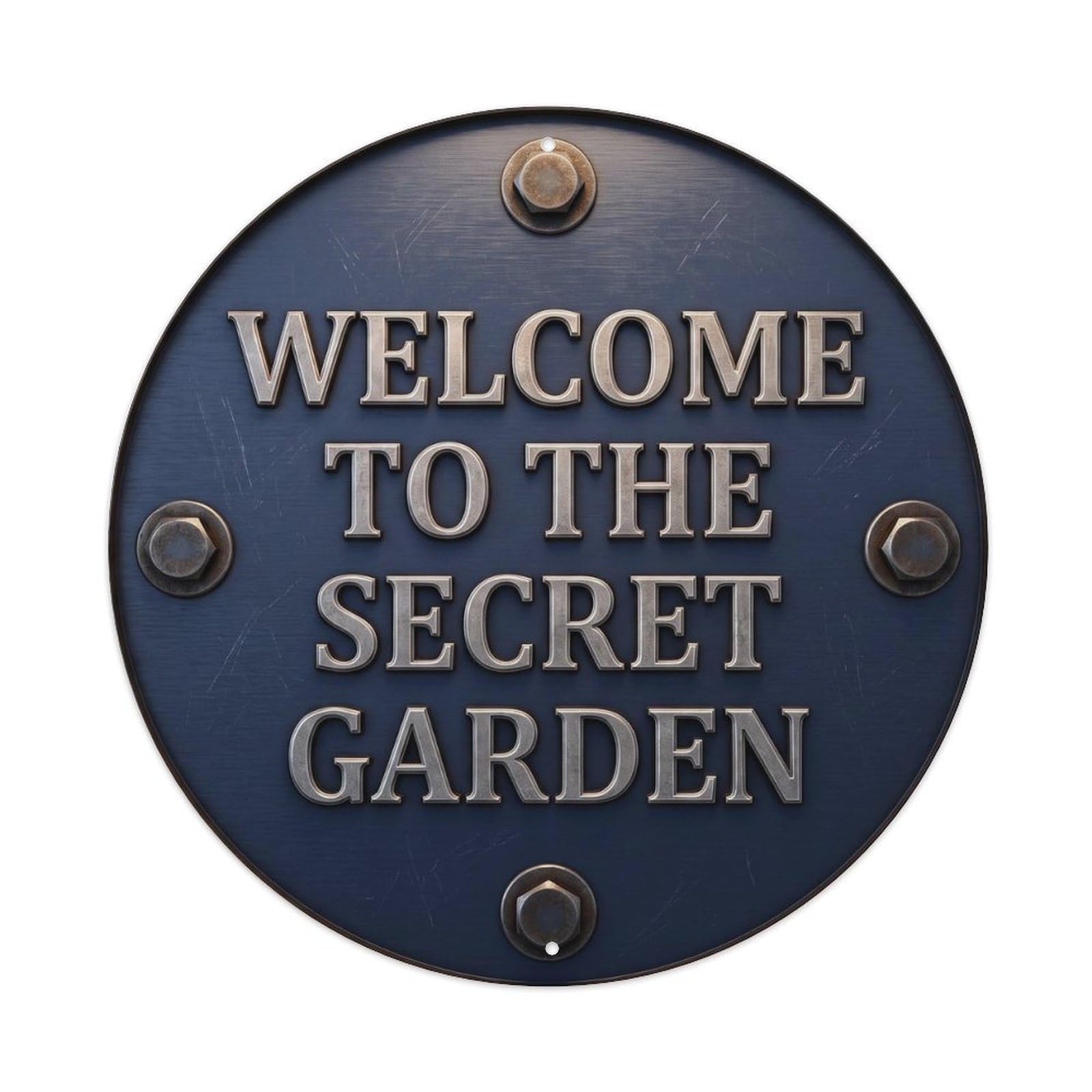 Vintage Welcome Secret Garden Navy Silver Riveted Metal Tin Sign