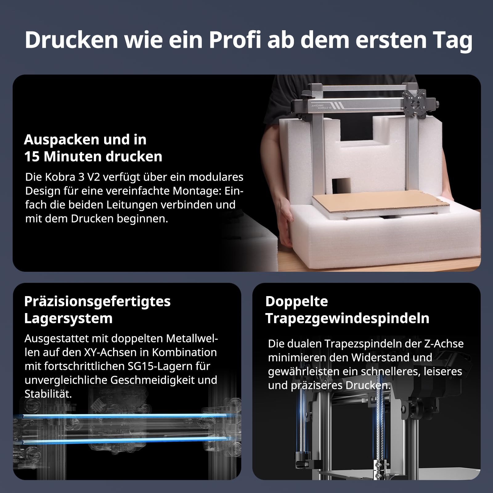 Anycubic Kobra 3 V2 3D Drucker, Verbesserte Düsentechnologie und Auto-Leveling, Mehrfarbendruck über ACE Pro, Druckgröße 255 x 255 x 260 mm