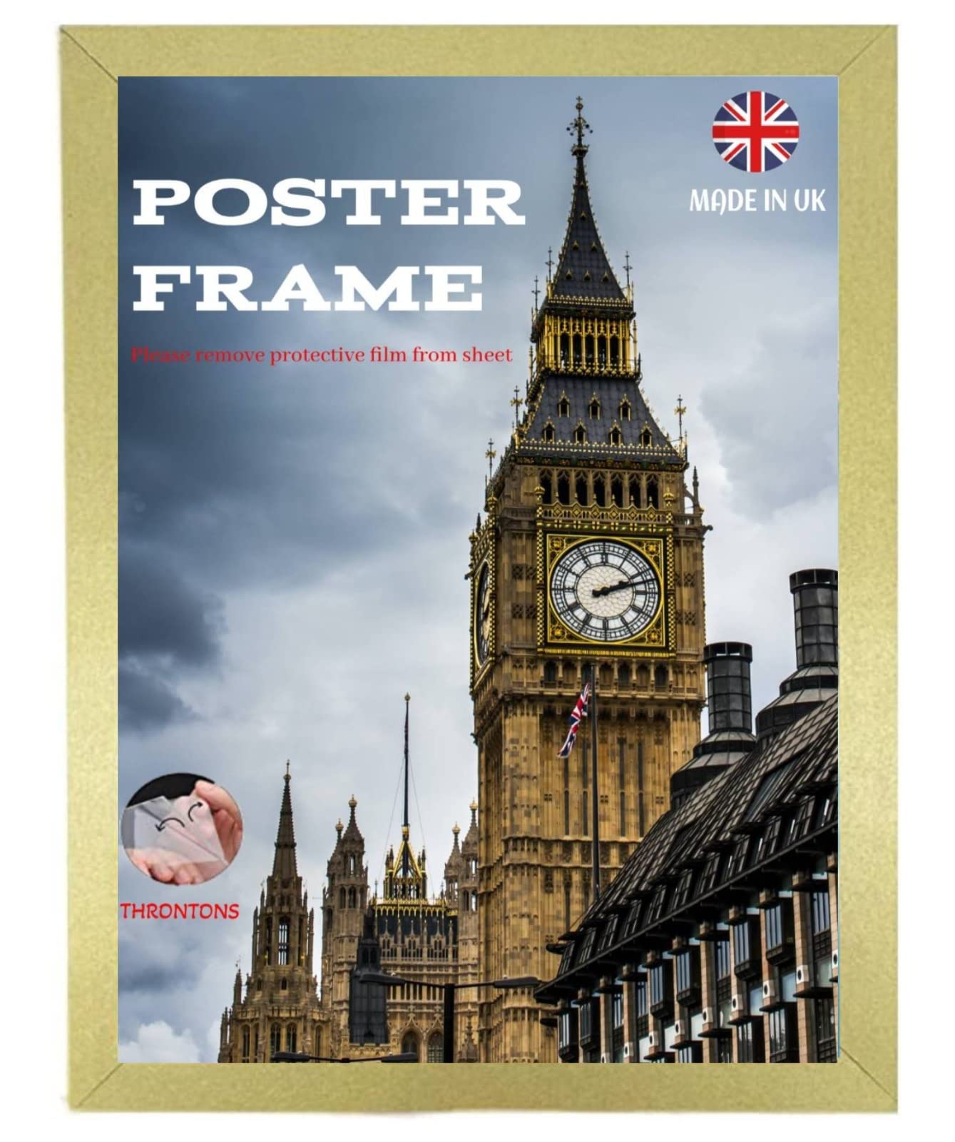 Throntons Plain Gold Wall Mount Photo Frame 61x91.5 cm Poster Print with MDF backboard Vertically or Horizontally Display Clear Styrene Sheet Decor Certificate Frame