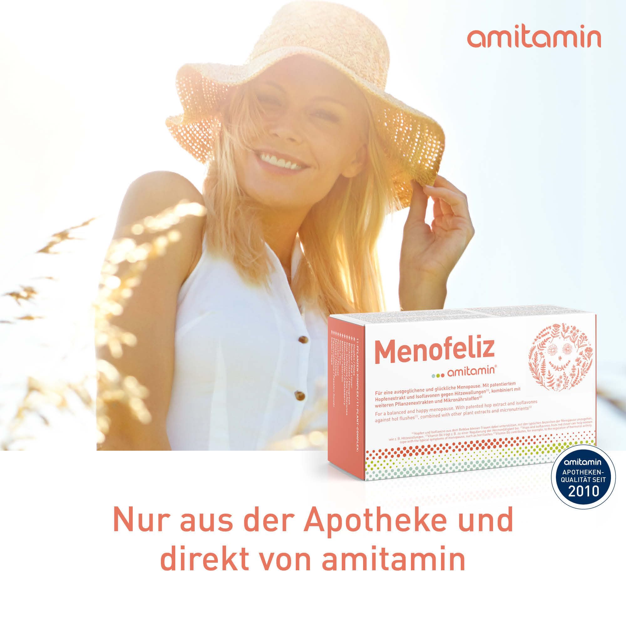 amitamin® Menofeliz – 60 Wechseljahre Kapseln – mit patentiertem Lifenol® Hopfenextrakt, Rotklee, Mönchspfeffer, Yamswurzel, Isoflavonen, B-Vitaminen, Magnesium, Kalzium – Vegan – Made in Germany