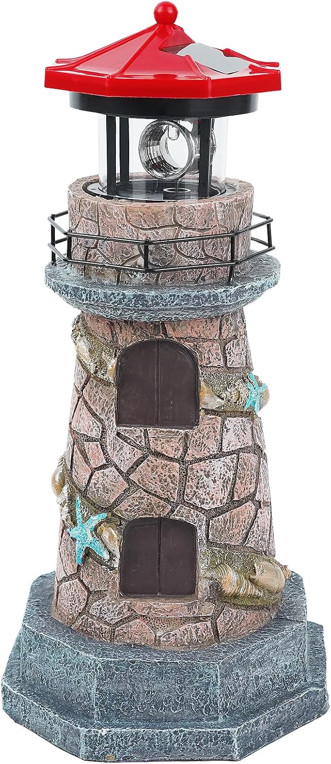 solar lighthouse with rotating beacon,11.5" outdoor garden lighthouse decor,waterproof statue light house lamp for yard lawn patio gifts brown