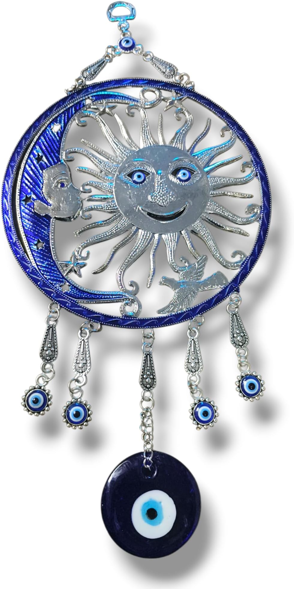 Evileye Bliss Presents Turkish Evil Eye Wall Hanging, Sun Moon Design with Blue Evil Eye Beads, 13 Inches, Home Decor Protection Charm