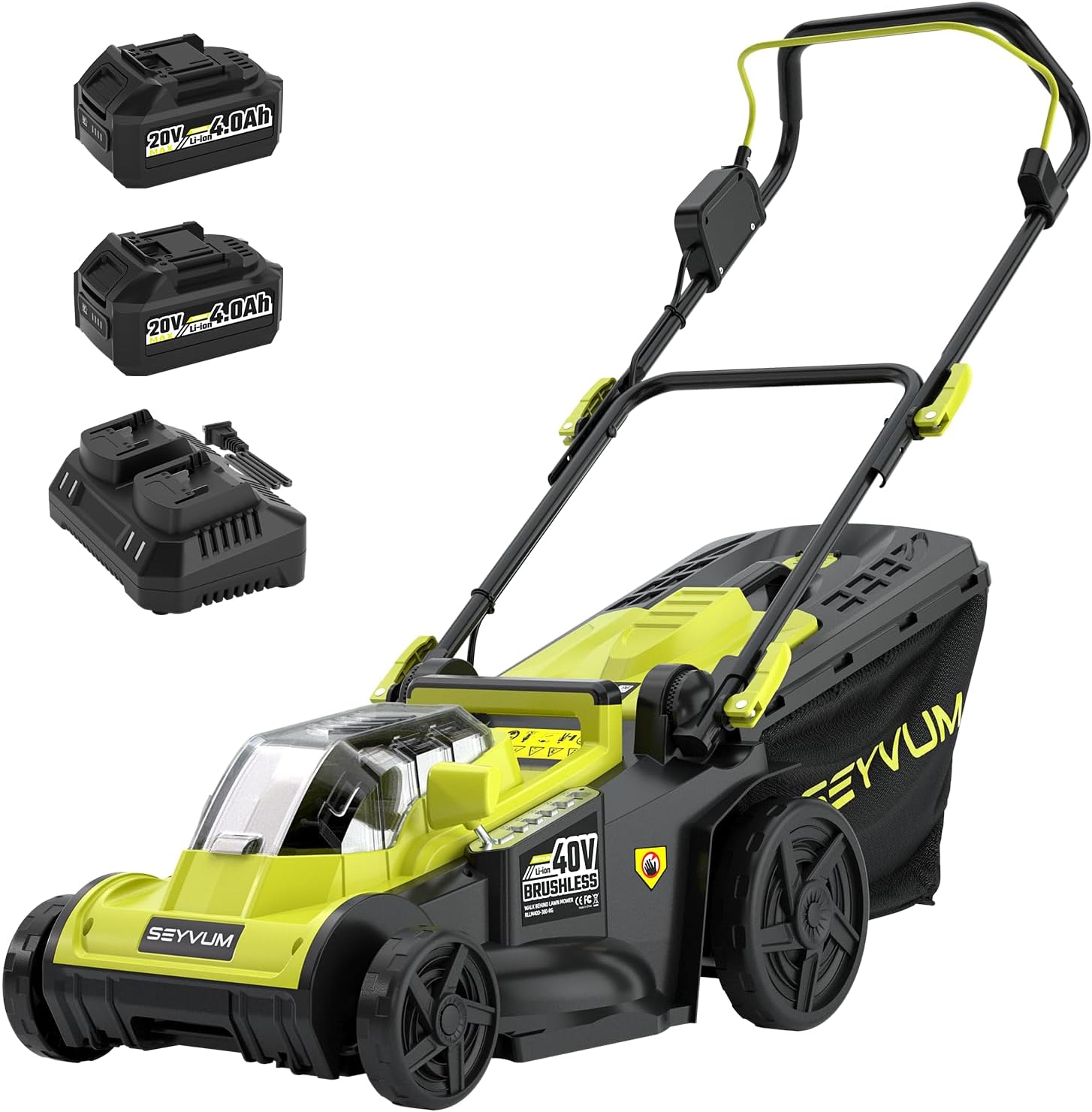 SEYVUM 40V 16-inch Cordless Lawn Mower with 45L Grass Collection Bag