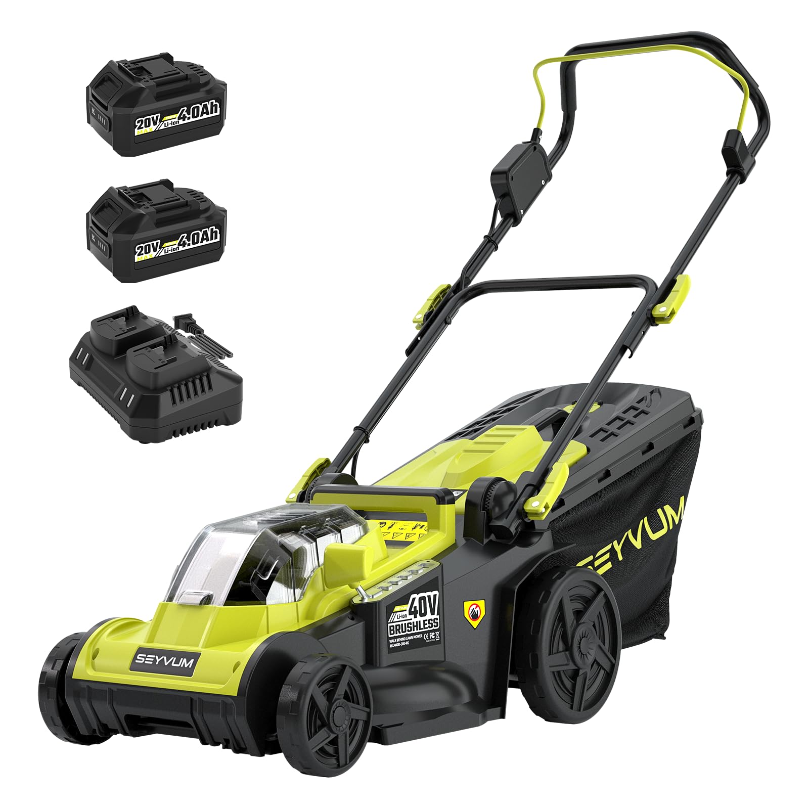 SEYVUM 40V 16-inch Cordless Lawn Mower with 45L Grass Collection Bag, 6 Position Height Adjustment Electric Lawn Mower, 20V 4.0Ah Battery Powered Push Lawnmower, 2.4A Fast Charger Included