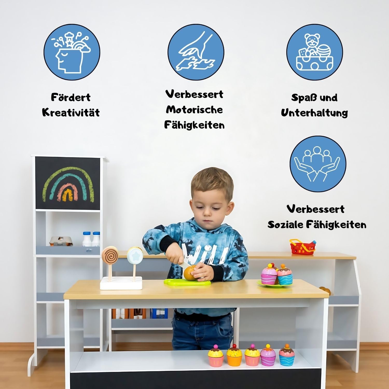 Coemo Spielküche Kaufladen Ida, grau, 4er Set mit Spülbecken | Große Kinderküche, Kaufmannsladen für Kinder, Spielzeugküche, Spielzeug und Küchenzubehör, Holzküche mit Kreidetafel