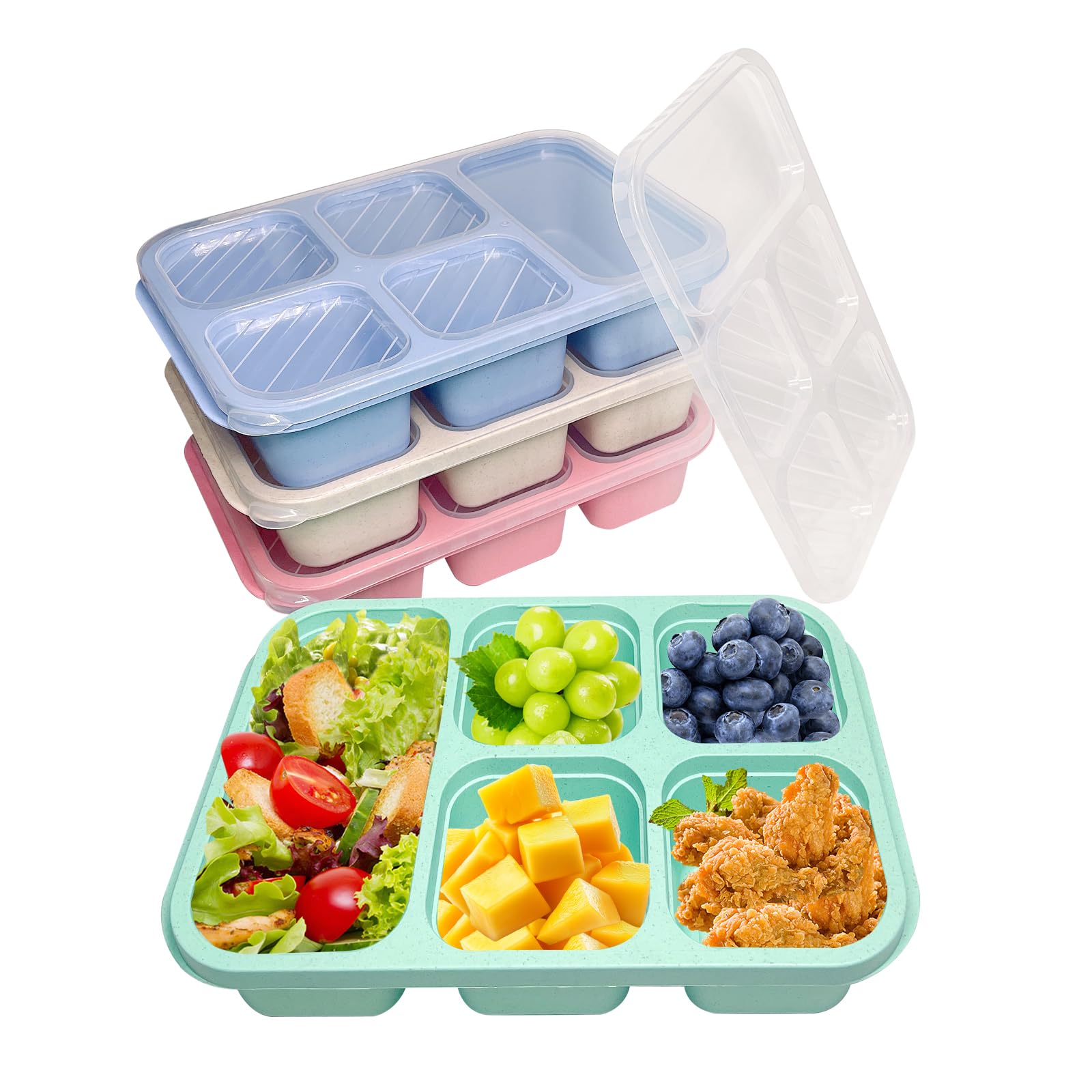 4 Pack Snack Containers, Reusable Meal Prep Lunch Containers for Kids Adults, Bento Snack Boxes with 5 Compartments, Divided Food Storage Containers for School Work Travel, Microwave Dishwasher Safe