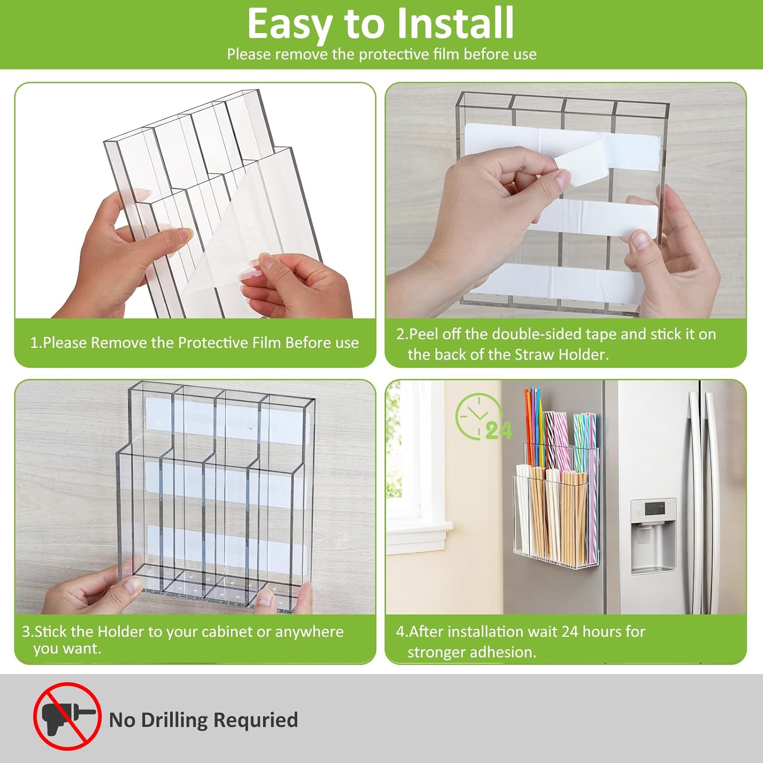 Large Acrylic Straw Holder for Cabinet Door, Clear Straw Organizer for Reusable Straws with Adhesive Strips - Modern Home Bar & Office Accessory (8 Compartments) - Image 7