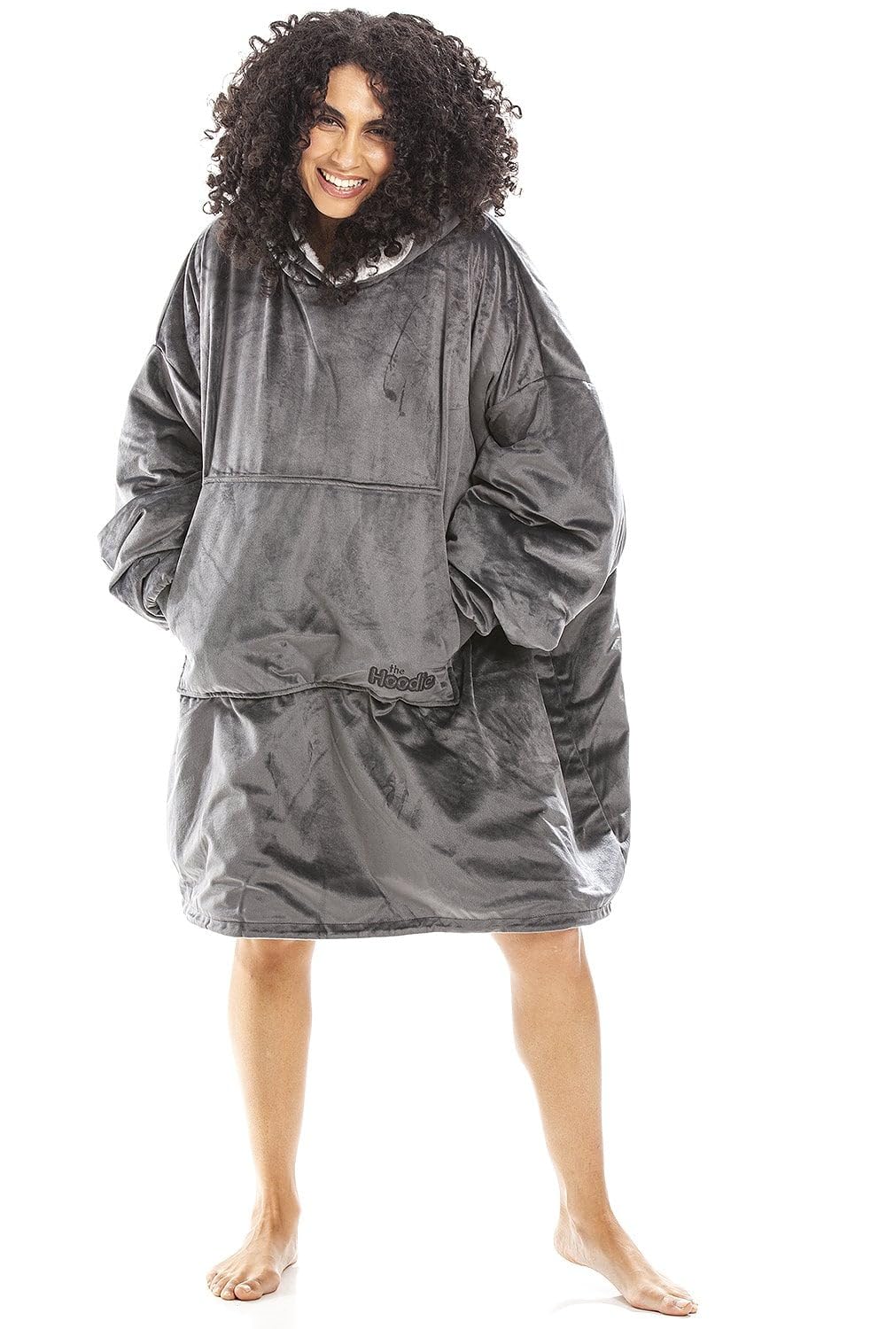 Camille Women's Dark Grey Supersoft Oversized Hoodie Heavy Weight Sherpa Fleece Wearable Hooded Blanket With Elasticated Cuffs & Giant Pocket In