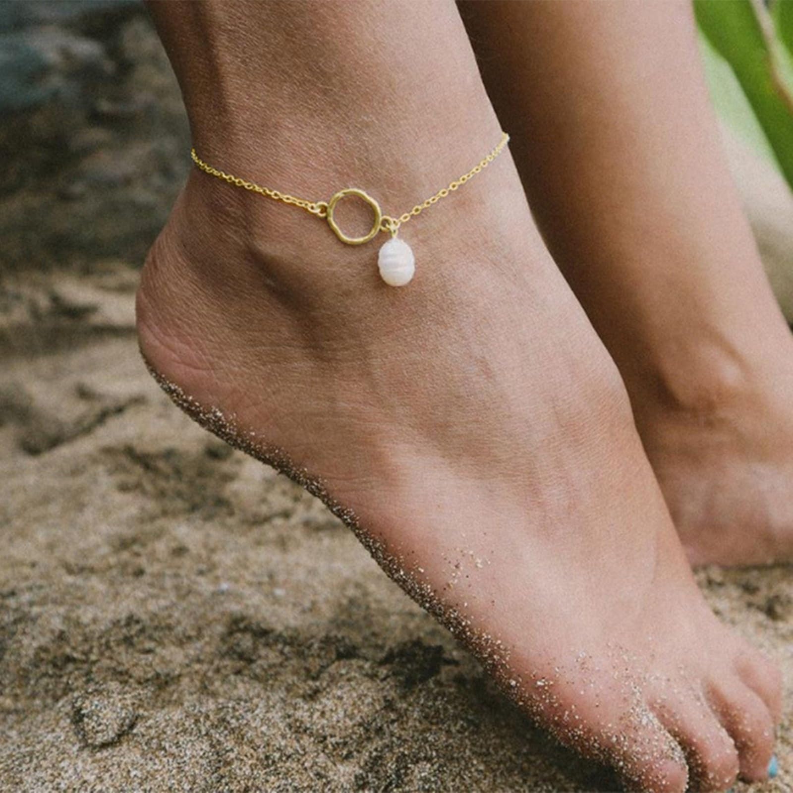 Pulsera tobillera con círculo irregular con perla para mujer, oro de 18 quilates con perla, pulsera tobillera para mujer, oro amarillo de 9 quilates, 14 y 18 quilates