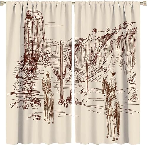 Miniatura 41 de Cortina opaca de vaquero, estilo retro, estilo bosquejo, del desierto occidental, con bolsillo para cortinero, para dormitorio, sala de estar