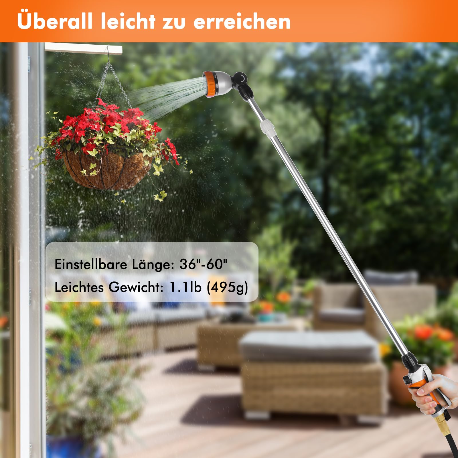 RESTMO Langer Teleskop Gießstab 92-152 cm, Lang Gartenbrause Metall mit 180° schwenkbaren Kopf, 7 Sprühmustern, Durchflusskontrolle, Bewässerung Zauberstab zum Blumenampeln und Sträucher, Orange