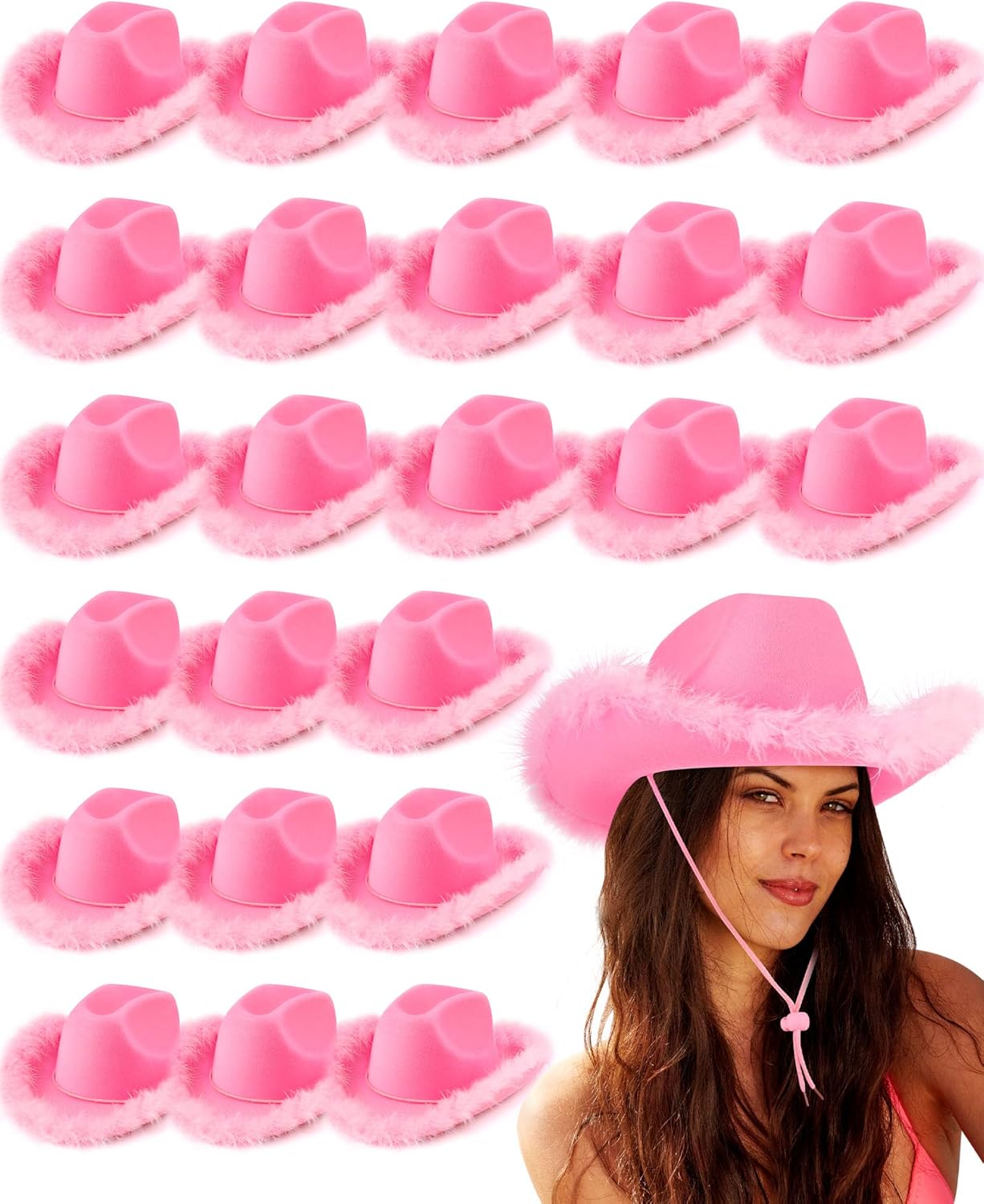 Jecery 24 Pack Pink Western Hat Bulk with Feather Boa for Women Bachelorette Birthday Party Costume