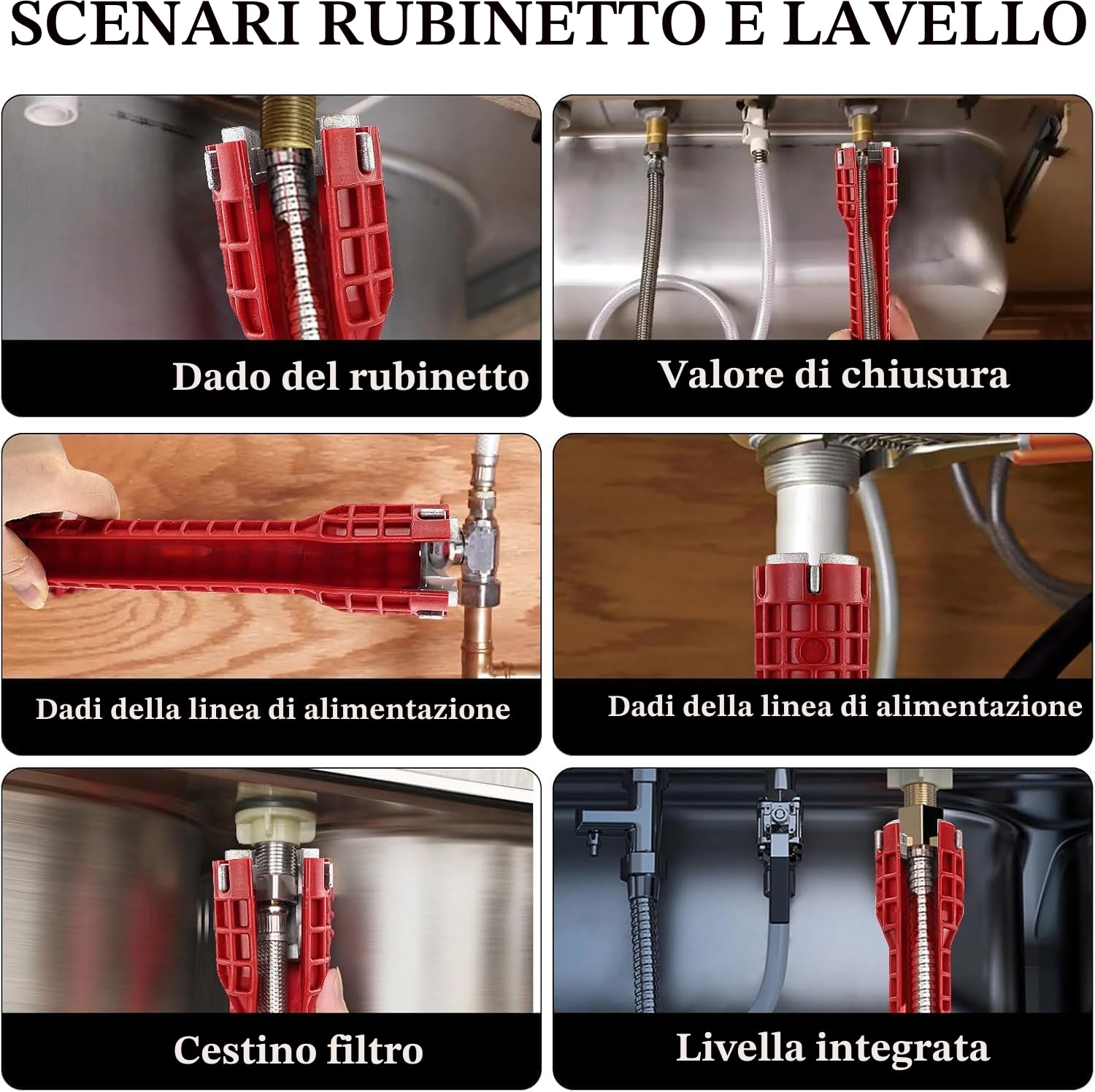 Chiave per rubinetto, 8 in 1 Installatore di rubinetti multifunzionale, 34 mm, 40 mm, chiave per rubinetto sottolavello, Strumento chiave per rubinetto, per lavandino, bagno