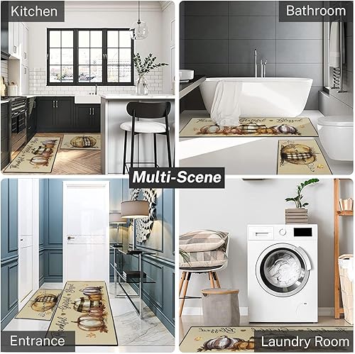 Miniatura 9 de ArtSocket Blessed Grateful Leaves - Juego de 2 alfombras y tapetes de cocina antideslizantes y lavables, diseño de girasol, calabaza, Acción de