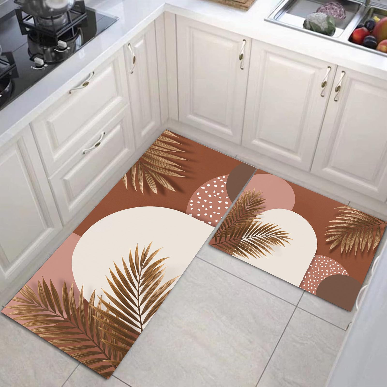 Tapis cuisine antidérapant lavable feuilles géométriques 3D couloir lot de 2