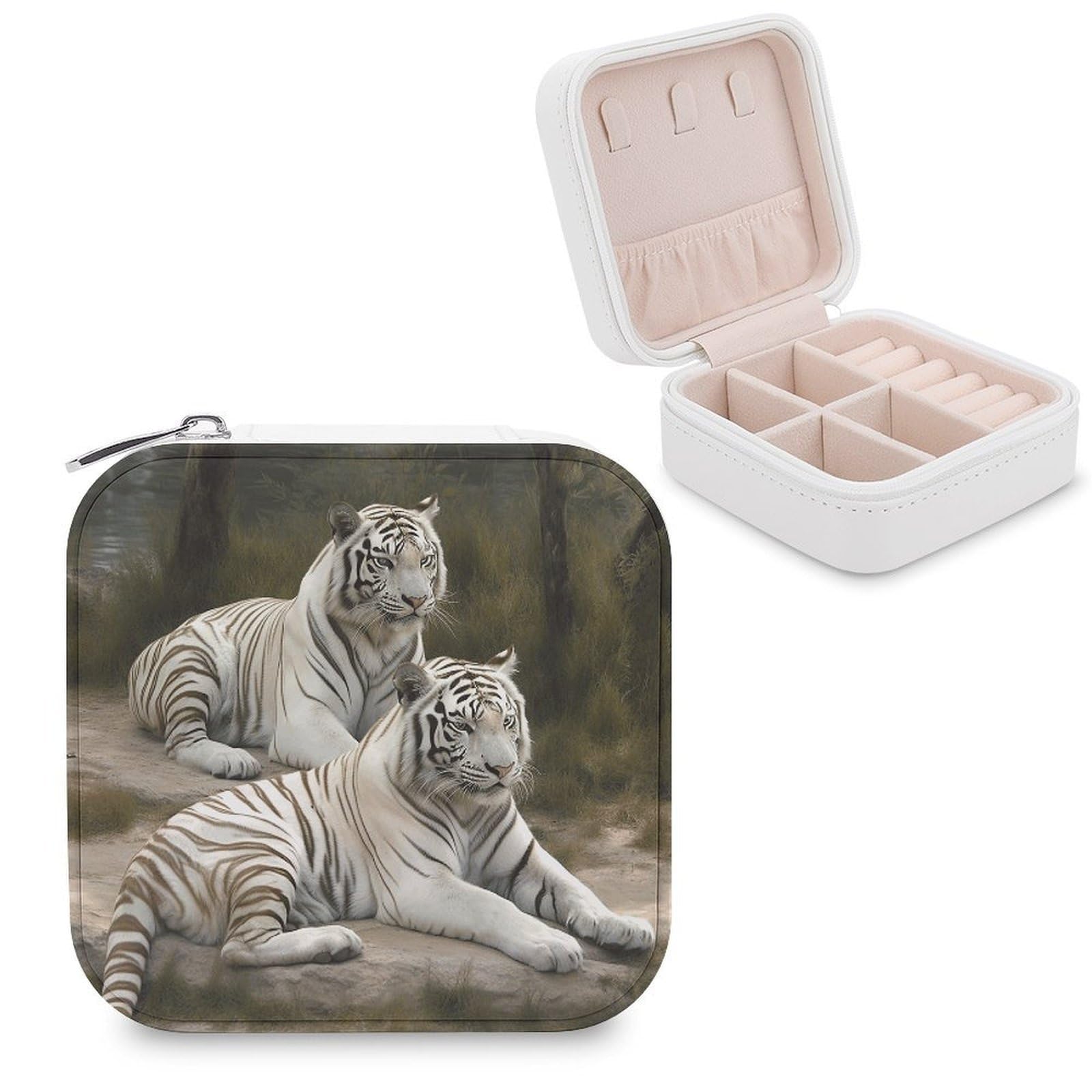 VstaDank White Tigers Travel Jewelry Case Zipper Portable Small Jewelry Box Custom Pu Leather Mini Traveling Jewelry Organizer for Rings Earrings Necklace Bracelet Girls Women