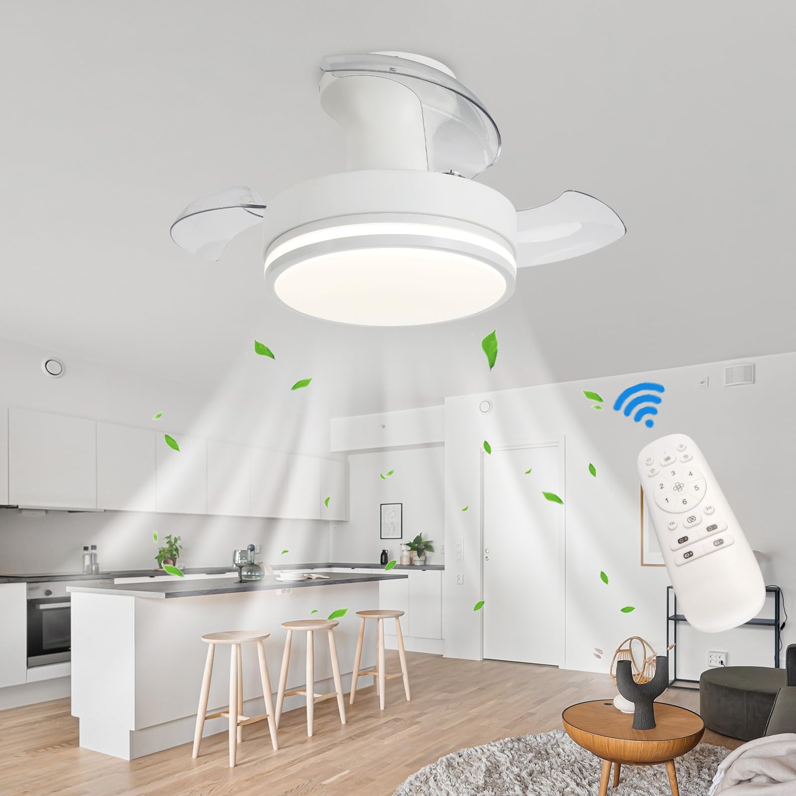 Luyaim Modern Bedroom LED Dimmable Ceiling Fans with Lights and Remote, Reversible Retractable Blades, 6 Wind Speed, DC Motor, Quiet Fan Lights Ceiling for Living Room Dining Room-A