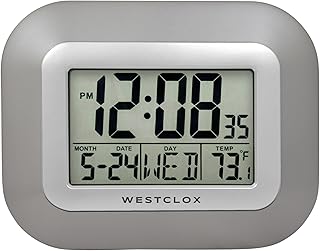 Westclox Reloj de pared digital grande, funciona con pilas, reloj digital grande con fecha de temperatura y día de la semana con alarma, moderno reloj digital de escritorio para oficina, cocina,