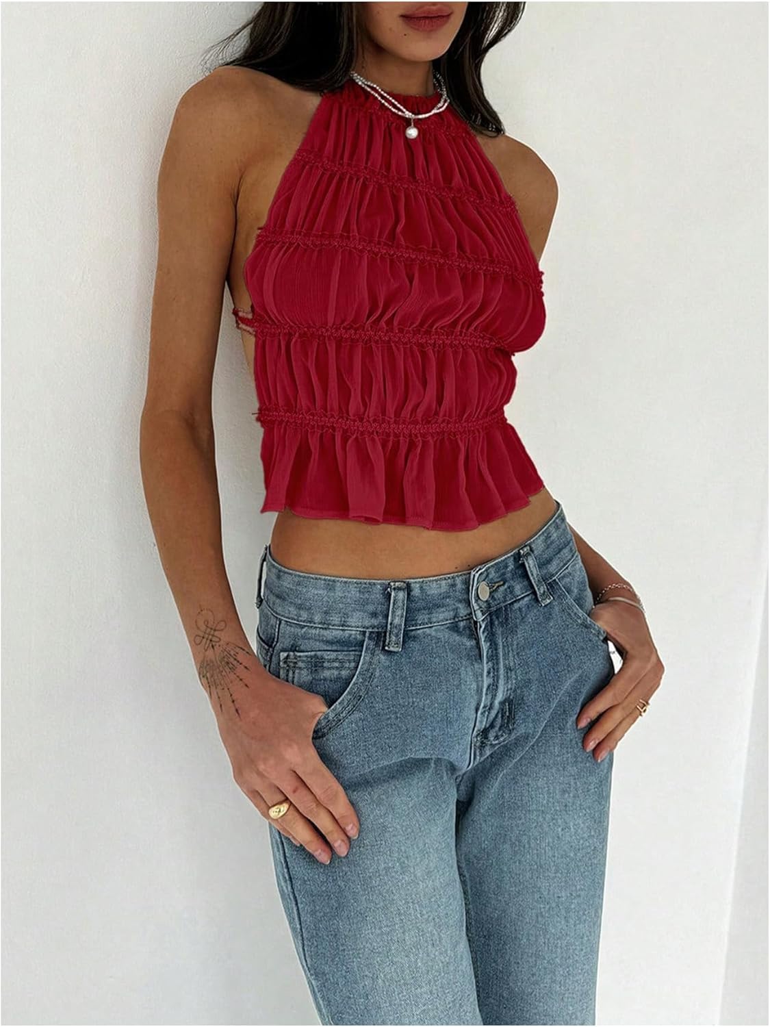 MakeMeChic Women's Open Back Halter Top Sleeveless Tie Backless Y2K Crop Going Out Tops - Image 4