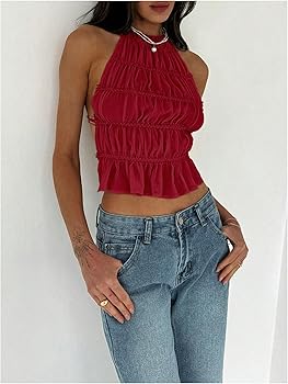 MakeMeChic Women's Open Back Halter Top Sleeveless Tie Backless
