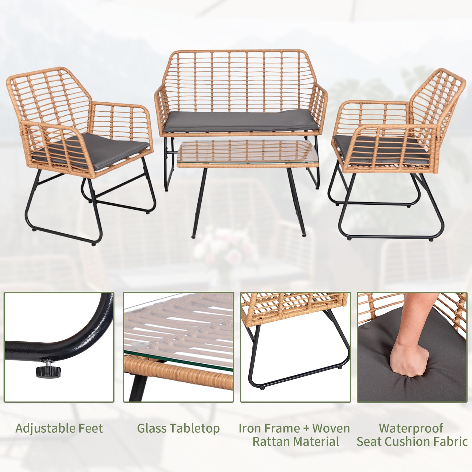 buybyroom Gartenmöbel-Set für den Außenbereich, 4 Personen, Rattan-Sessel, Tisch und Stuhl für den Außenbereich, inklusive 2-Sitzer-Sofa + 2 Sessel + 1 Gartentisch, abnehmbare Kissen