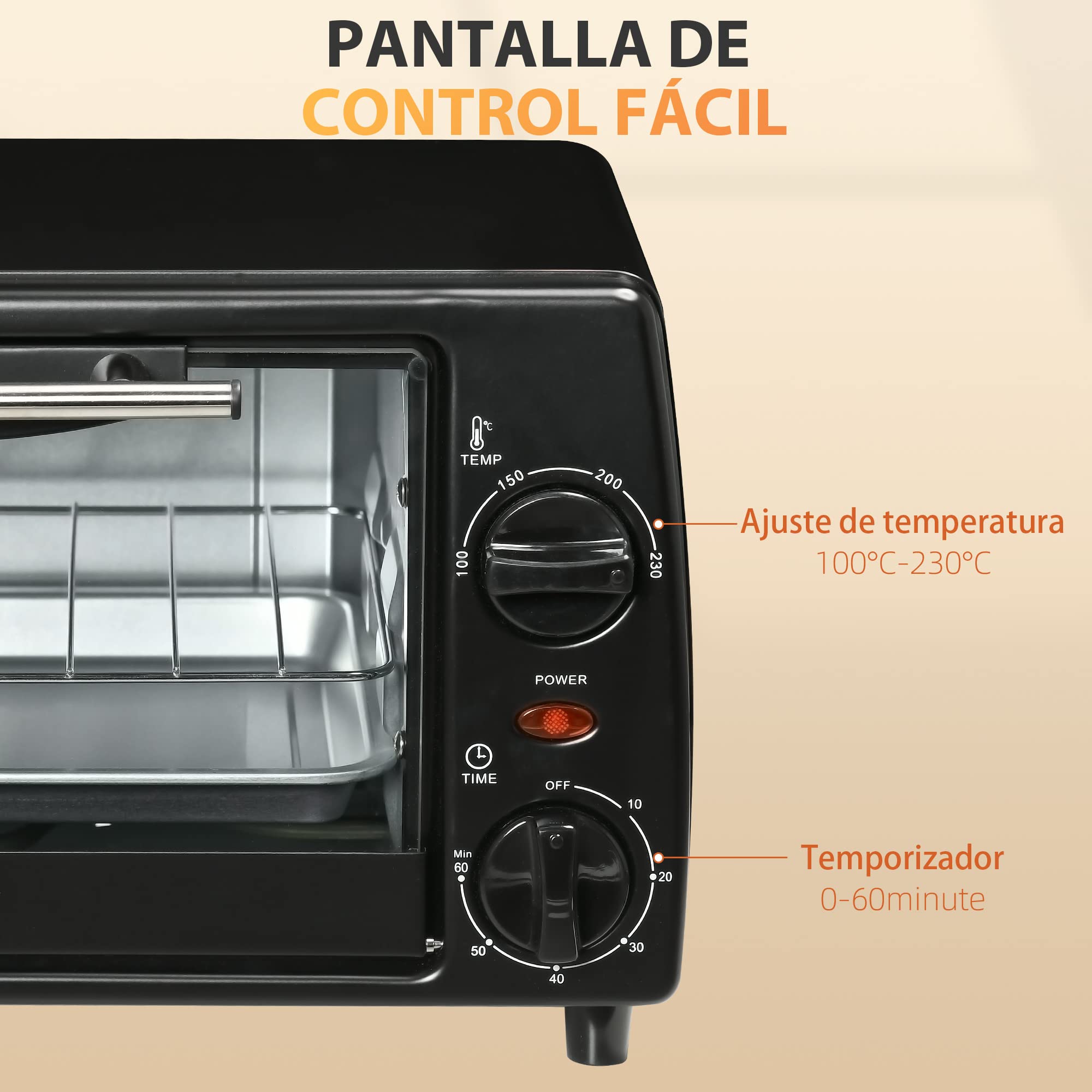 HOMCOM Horno Eléctrico de Sobremesa 10 Litros 750W Mini Horno Tostador con Temperatura hasta 230 ℃ Temporizador 60 Minutos Bandeja y Rejilla 36,5x26x22 cm Negro