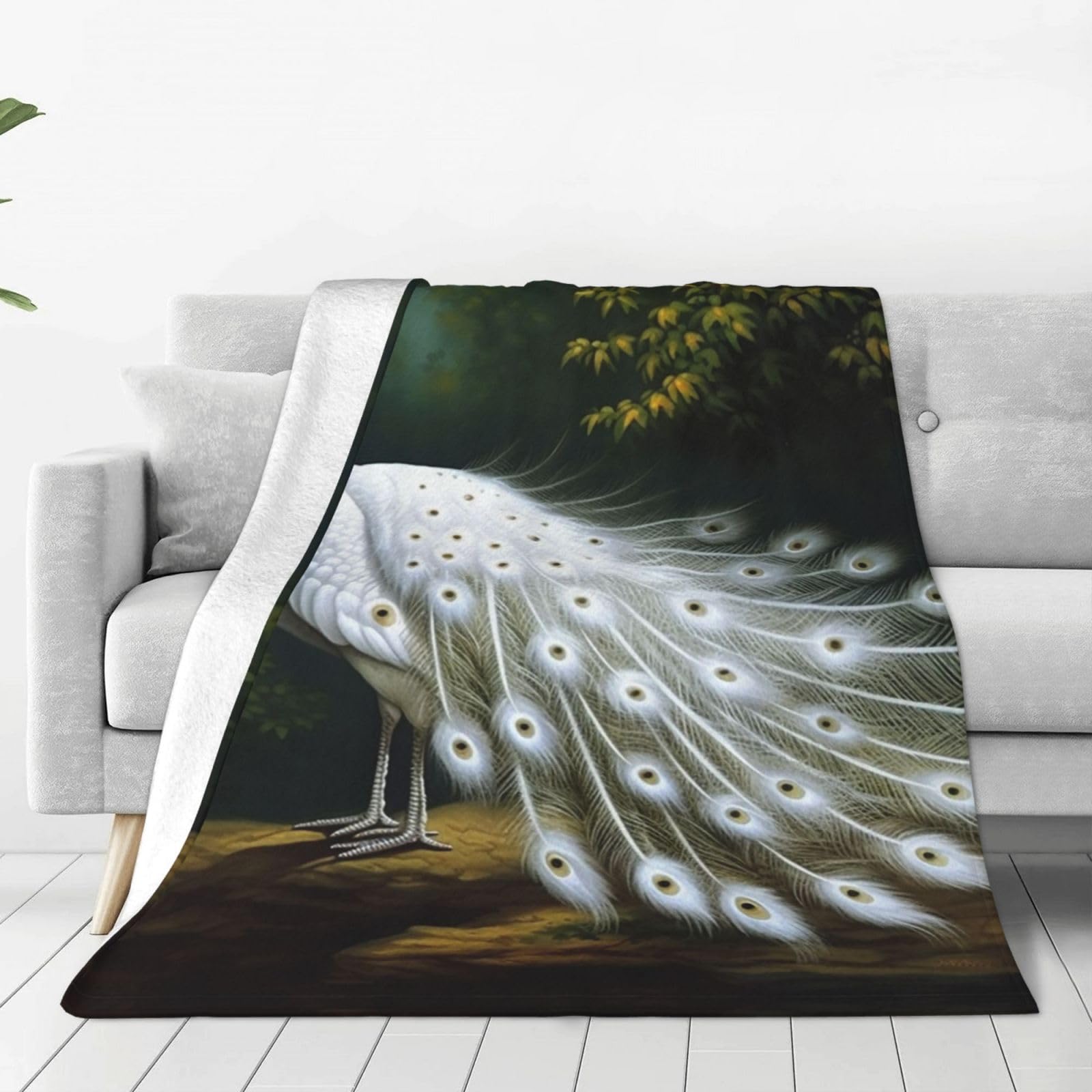 KLOPH White Peacock Throw Blanket 40"x30" Flannel Fluffy Warm Blanket for Couch, Reversible Plush Blankets for Bed, Comfy Fuzzy Blanket for Sofa, Plush Lightweight-Blankets for All Season