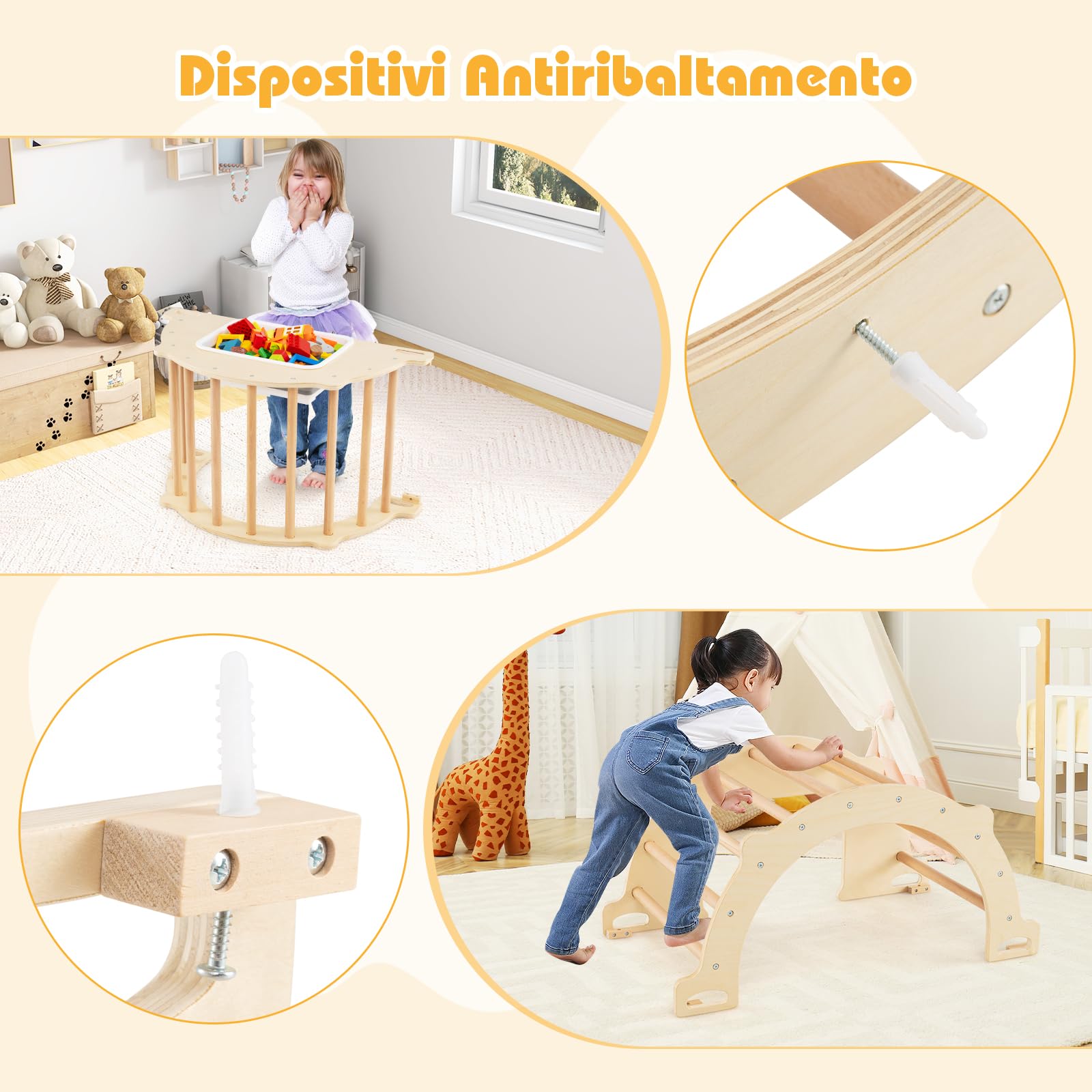 COSTWAY 8 in 1 Arco da Arrampicata per Bambini, Altalena ad Arco in Legno con Contenitore Pieghevole, Palestra Montessori per Bambini 3 Anni + (80 × 47 × 41 cm)