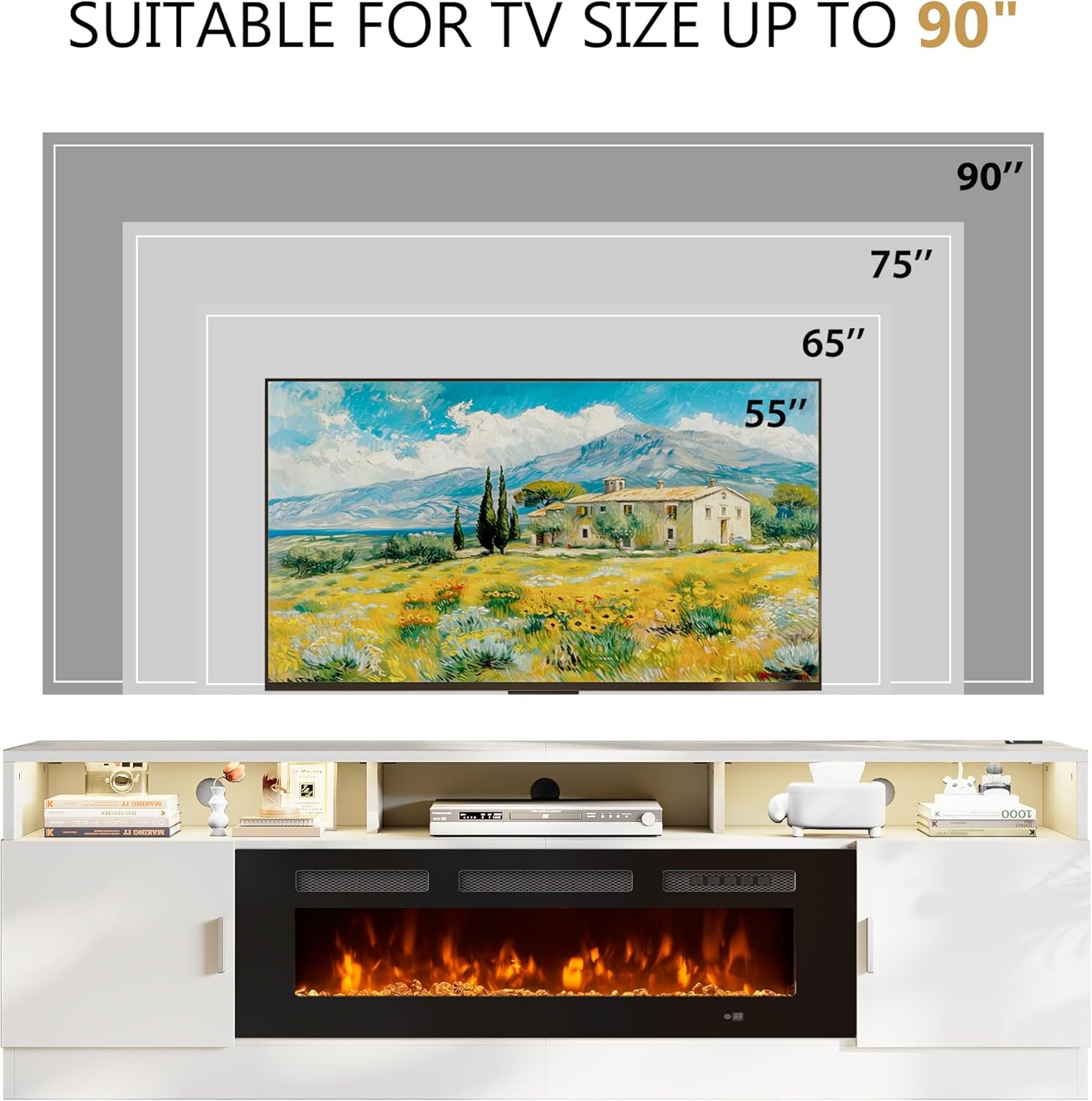 80" Fireplace TV Stand with Power Outlet, Electric Fireplace Entertainment Center with Storage Cabinets, Fits TVs up to 90", TV Console with LED Lights for Living Room, Office, White-Black