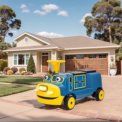 Auto de paseo de 12 V para niños, tren de 2 plazas con silbato de tren, asiento ajustable en altura, faro, música, luces LED, espacio de