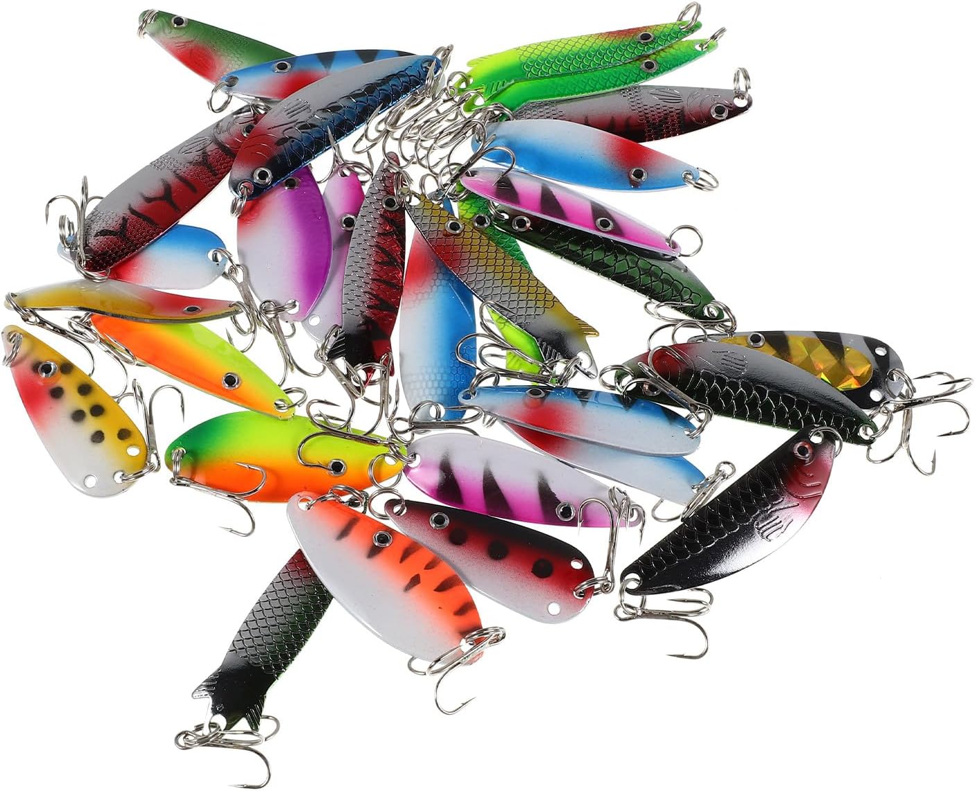 Yardwe 30pcs Fishing Lures: Metallic Sequin Baits with Rotating Design - Iron Plate Treble Hook Baits for Outdoor Freshwater Bass Fishing