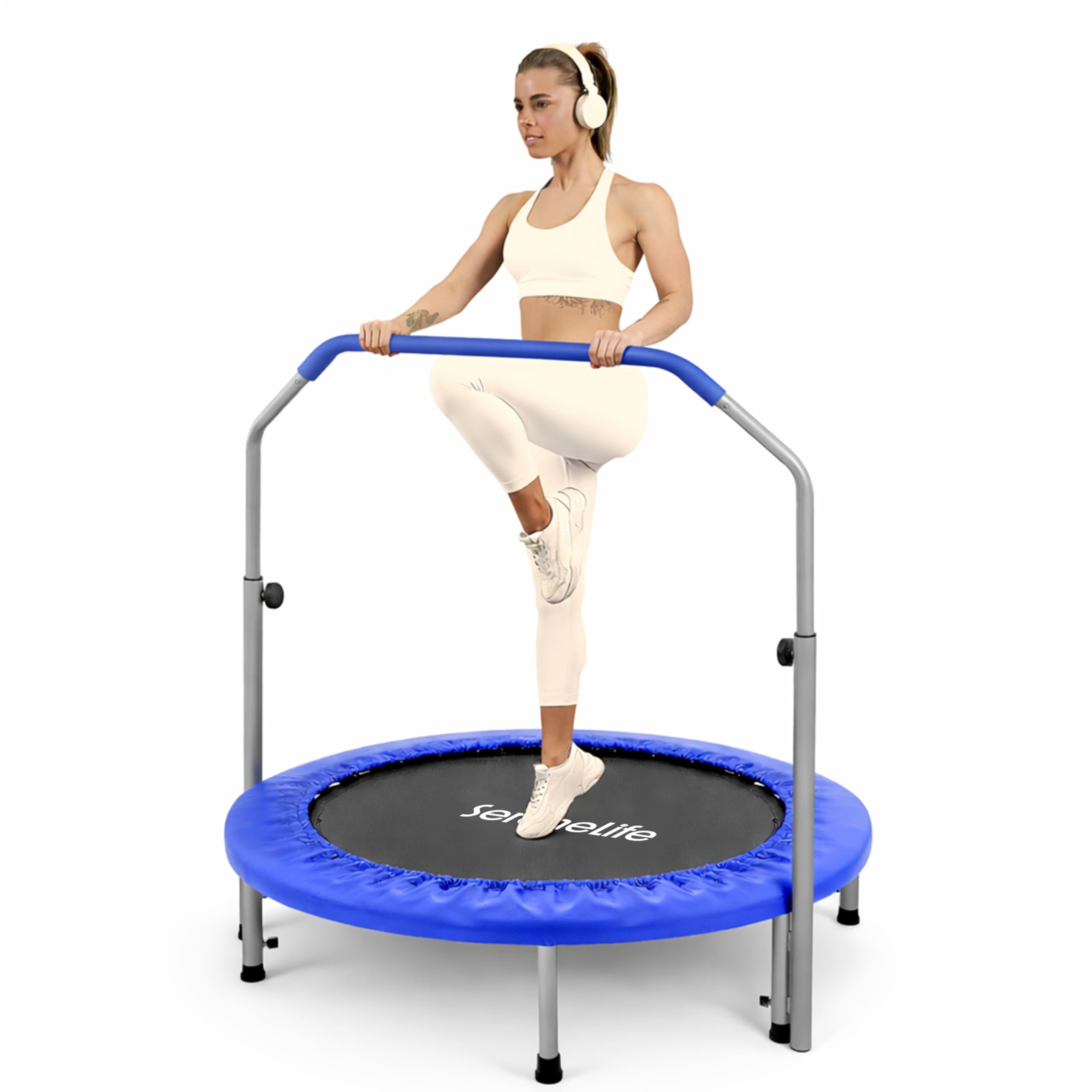 SereneLife Foldable Trampoline for Adults and Kids 91/102cm, Indoor Outdoor Mini Fitness Rebounder with Foam Handle, Compact Exercise Equipment for Home and Garden Workouts