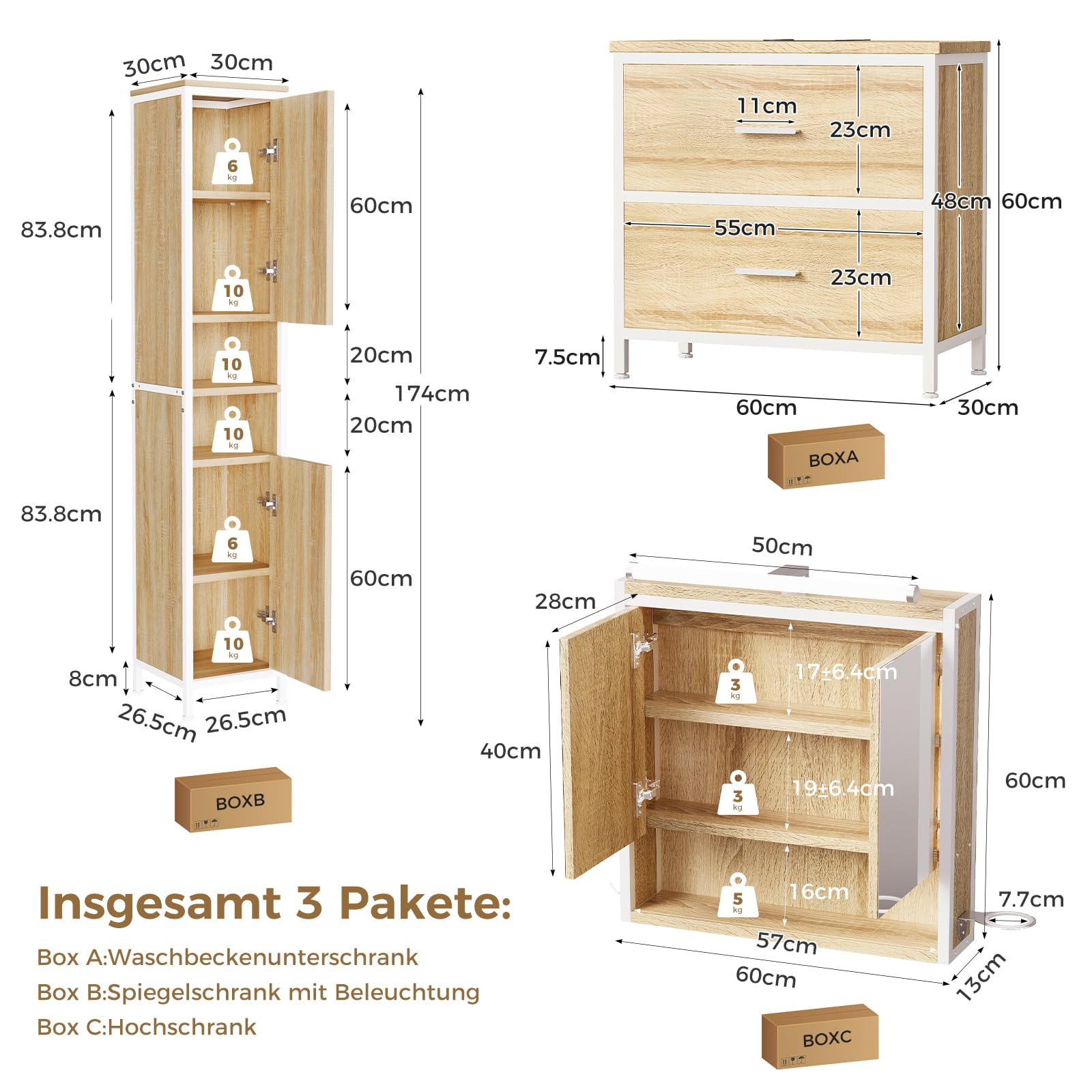 ELUCHANG Badmöbel Set 3,Waschbeckenunterschrank und Spiegelschrank Bad mit Beleuchtung und Hochschrank,Badezimmer Set 60cm,mit Schubladen,Verstellbare Ablage Badezimmermöbel Komplett,Oak+Weiß