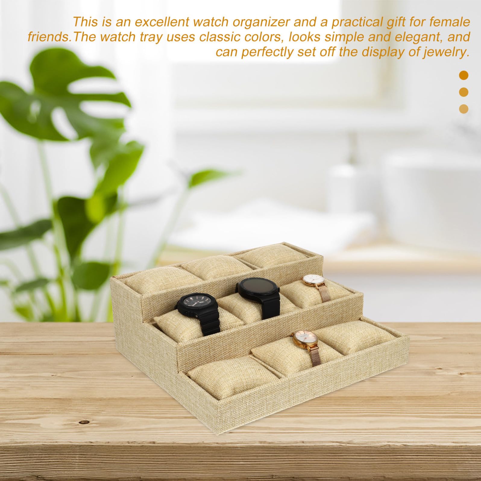 DOITOOL Vassoio Semplice ed Elegante 9 Scomparti in Lino Khaki Porta Orologi e Gioielli e Piccolo Cuscino, Design Unico a Forma Trapezoidale per Amiche