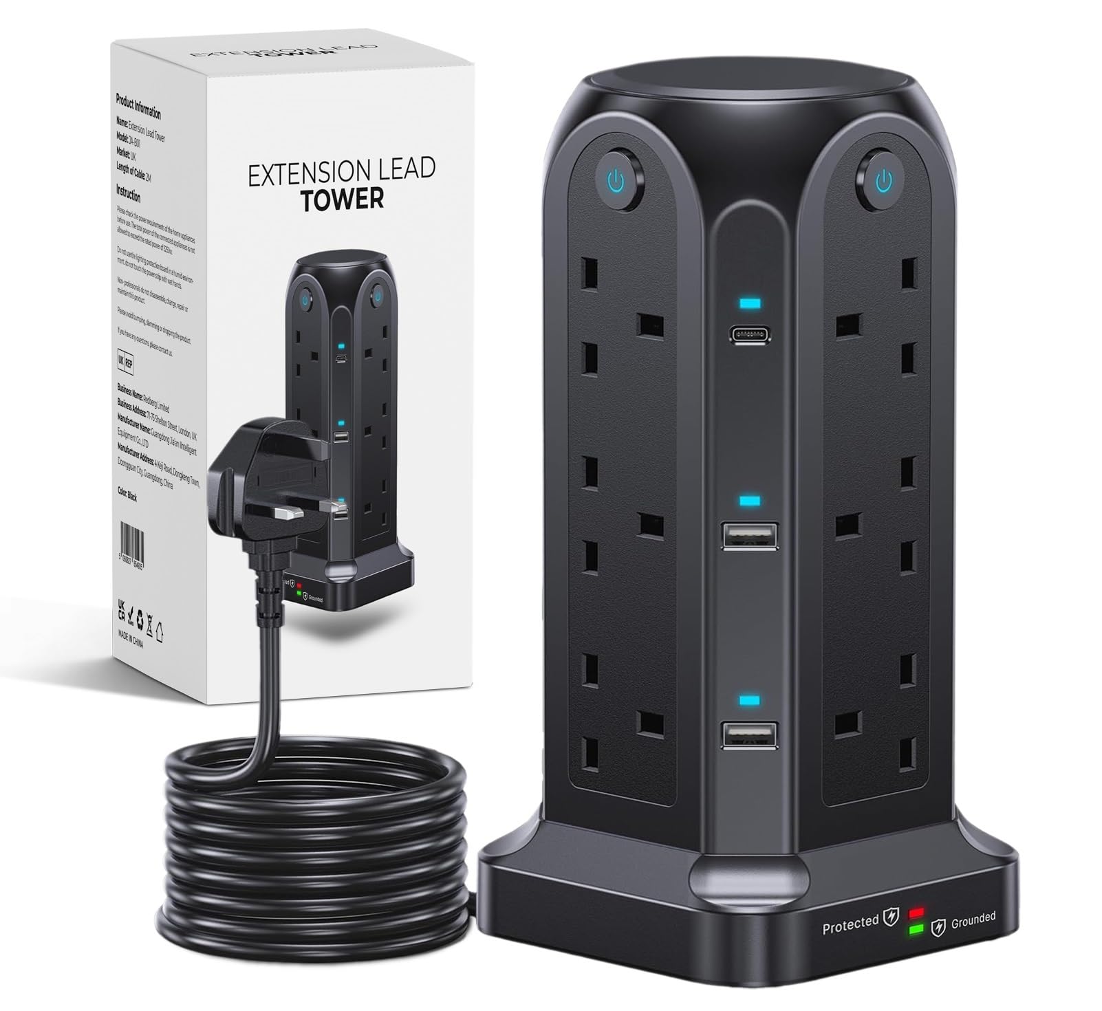 Wolf Power Tower Extension Lead with USB Slots, 18-IN-1 Surge Protected Lead with 2M Extension Cable, 12 UK Plug Sockets, 2 USB-C & 4 USB-A Ports, 4 Switches, Ideal for Home, Office & Workshop