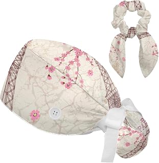 FVQL 2 Pieces Surgical Cap for Long Hair Scrub Cap with Hairband Nurse Cap, Vintage Pattern Eiffel Tower and Flower