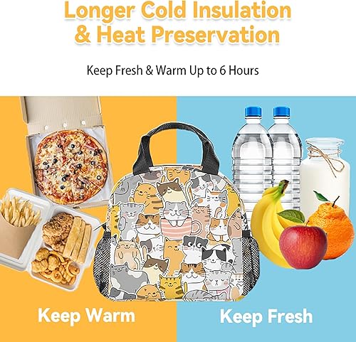 Miniatura 6 de Bolsas de almuerzo con diseño de gato para niñas, bolsas de almuerzo reutilizables aisladas congelables - Pequeña lonchera en blanco para niños -
