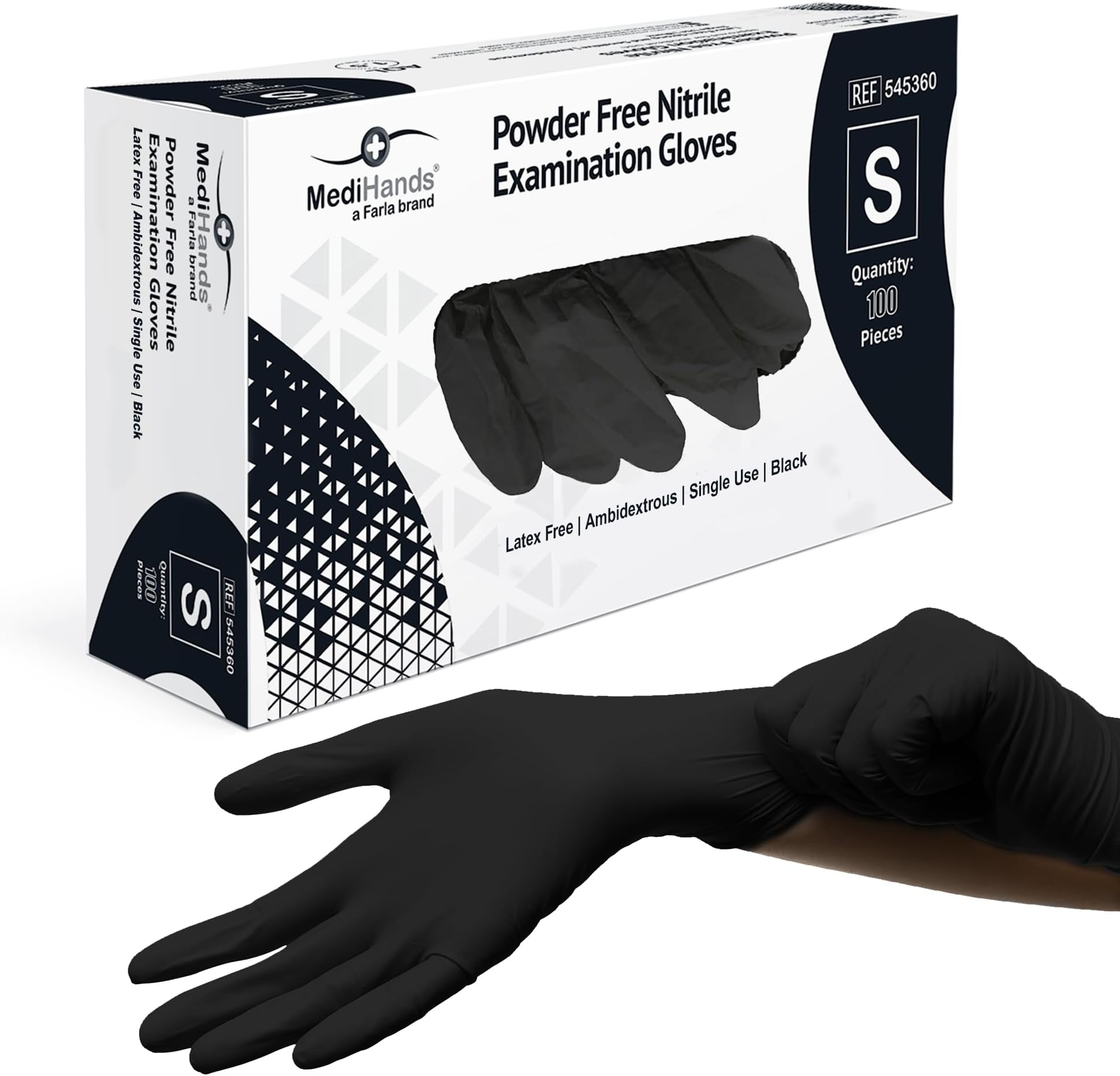 Farla MedicalMediHands Nitrile Gloves - Disposable Black Gloves - Powder Free & Latex Free Nitrile Gloves Small - Multi-Purpose, Single Use - Box of 100